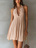 Nude Pink Vertical Striped Collared Sleeveless Mini Dress