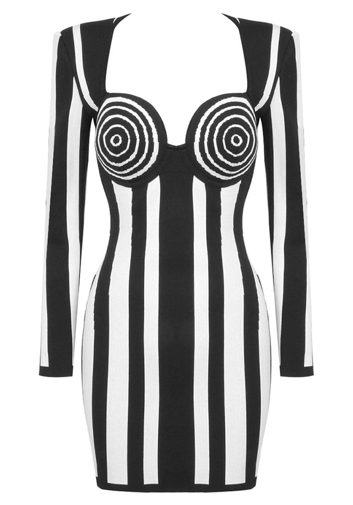 Long Sleeve Bustier Striped Dress Black White