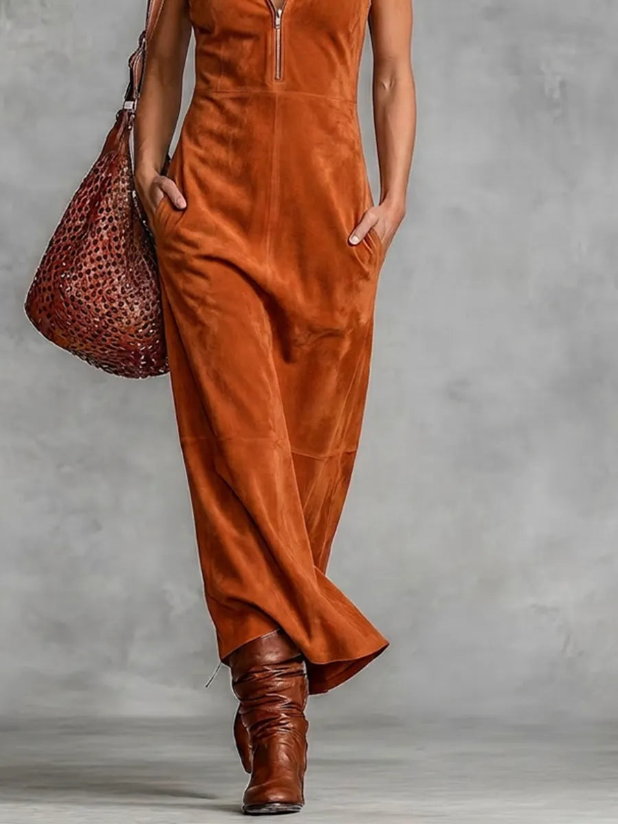 Women's Rust Brown Faux Suede Texture Maxi Gown With V-Neck Zipper Placket & Mid Length Swing Skirt, Retro Chic Daily Slee Veless Maxi Dress MDZ0769G0LYL