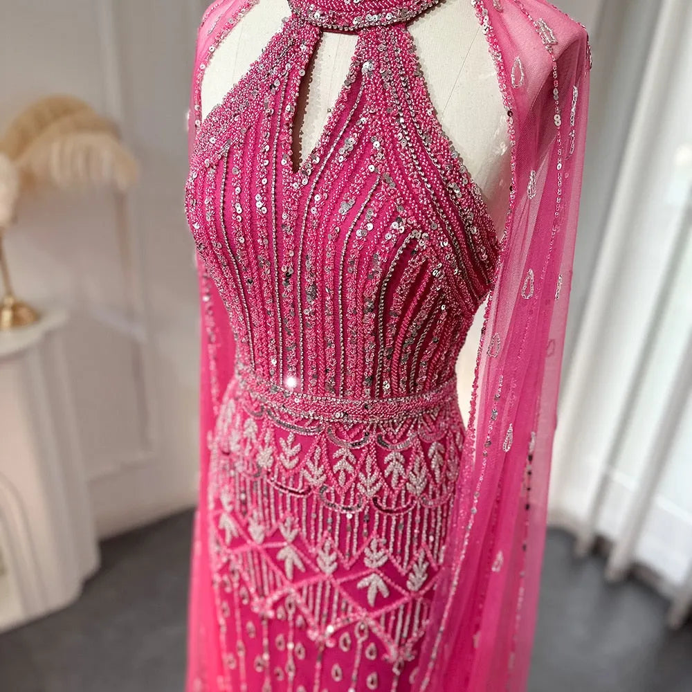 DreamyVow  Luxury Dubai Mermaid Pink Evening Dresses with Cape Sleeves 2023 Arabic Women Wedding Guest Formal Party Gowns 361