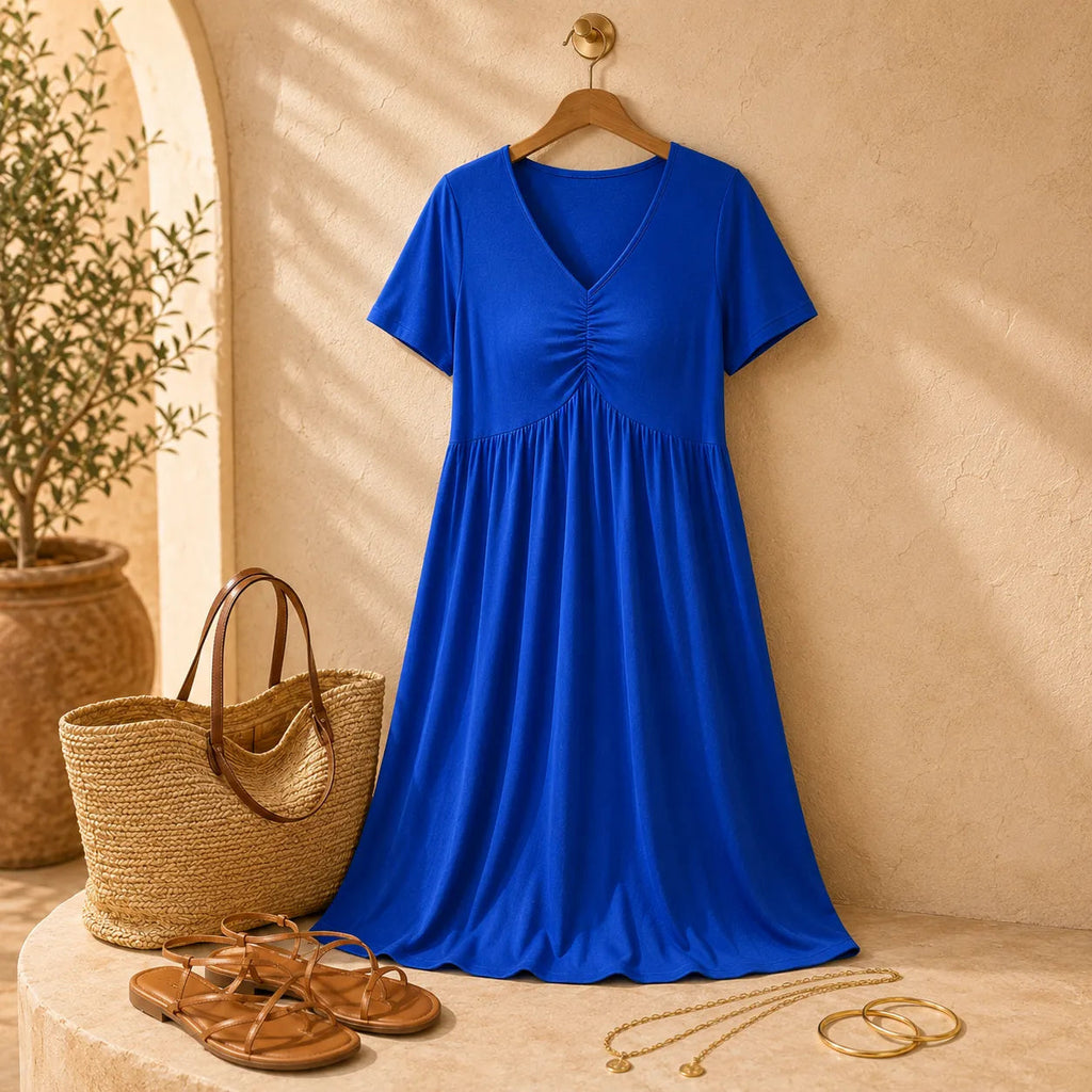 Wearbella – Plus Size V-Neck Empire Waist Midi Dress with Ruched Bodice