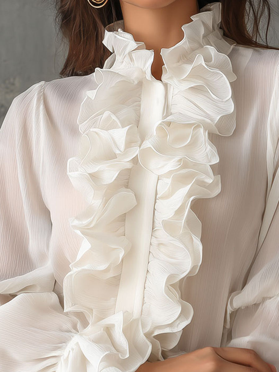 Retro Romantic High Neck White Ruffled Chiffon Blouse