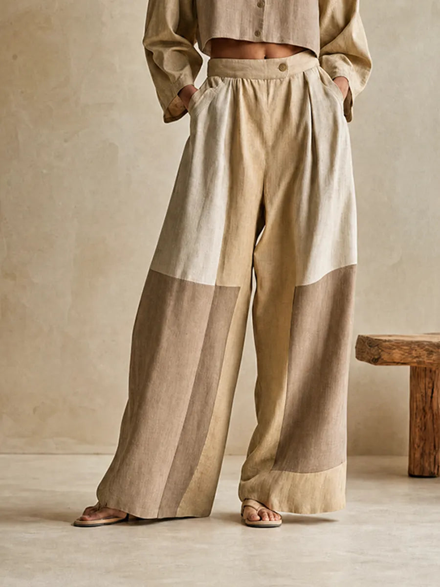Women's Relax Vacation Khaki Color Block Stand Collar Long Sleeve Cropped Top & Wide Leg Pants Set MDZ0642G5Q