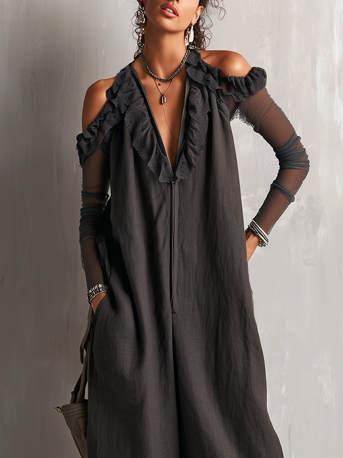 Cold-Shoulder Black Ruffle Trim Harem Jumpsuit