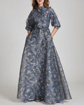 Women's Organza Jacquard Bow Shirt Maxi Satin Dress - 01