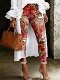 Women's Fashion Vintage Floral High-waisted Skinny Ripped Casual Jeans With Artistic Print