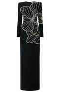 Long Sleeve Crystal Floral Embellished Maxi Dress Black