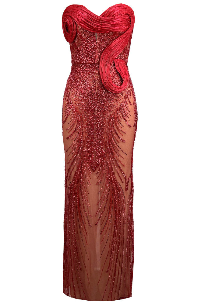 Strapless Draped Sequin Maxi Dress Red