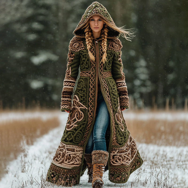 Women's Celtic Knot Rune Contrast Knit Hooded Coat