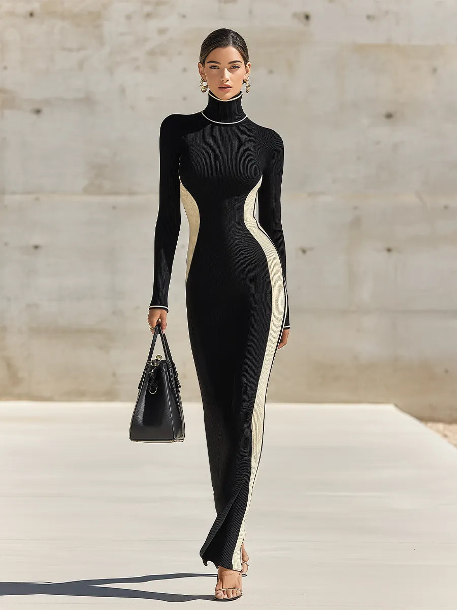 Women's Two-Tone Black Off White Stretch Knit Maxi Gown With Contrast Trim Turtleneck & Vertical Side Stripe, Sophisticated Slim Fit Long Sleeve Sweater Dress MDZ2767G7LYL