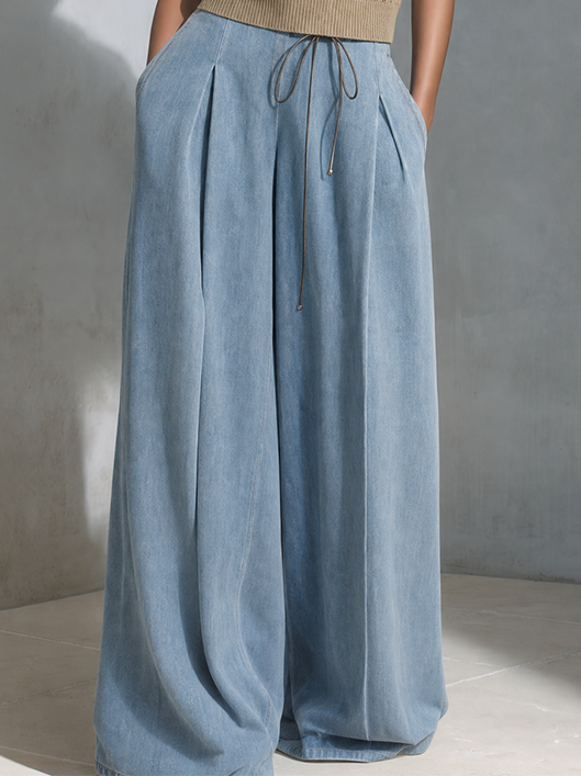 Women's Casual Chic Khaki Open-Knit Polo Sweater And Light Blue Drawstring Wide-Leg Denim Pants Two-Piece Set MDZ1521G5ZSQ