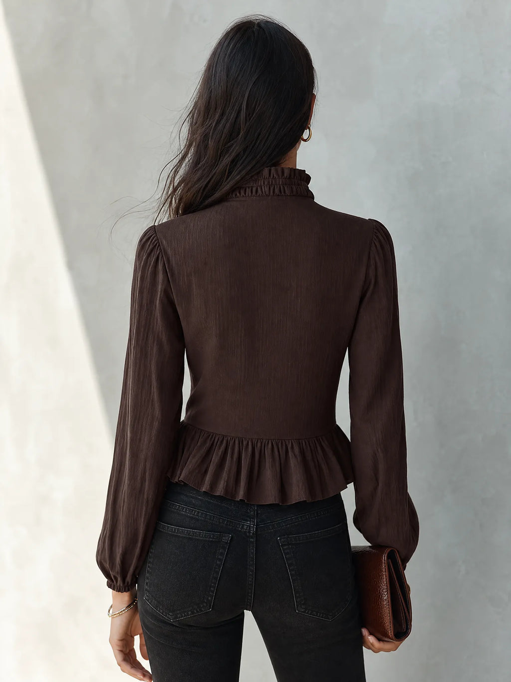 Women's Dark Brown Ruffled Stand Collar Long Sleeve Cropped Blouse MDZ1792G1ZRK