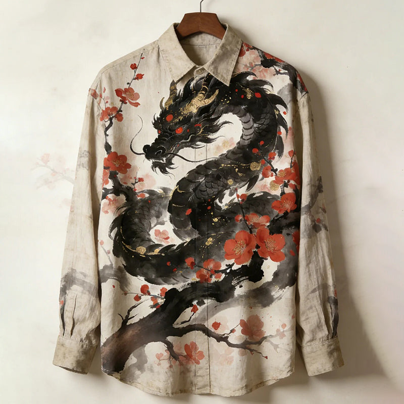 Men's Ink Painting Dragon Flower Print Long Sleeve Shirt