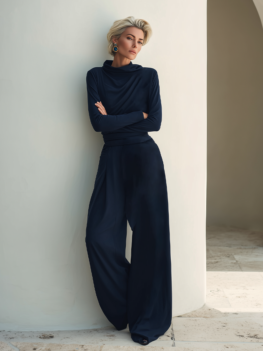 Women's Navy Stretch Jersey Two Piece Matching Set With Draped Cowl Neck Wrap Waist Top & High Waist Wide Leg Trousers, Minimalist Elegant Smart Casual Co-Ord Outfit MDZ2249G3LYL