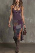 Retro Halter-Neck Knitted Floral Patchwork Midi Dress