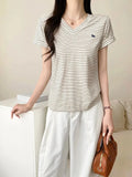 Classic striped V-neck short-sleeved top