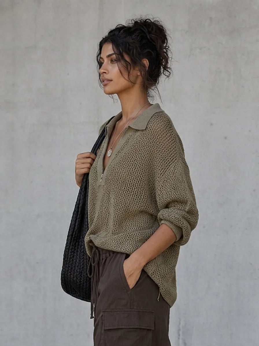 Women's Minimalist Pointelle Half-Zip Long-Sleeve Sweater & Drawstring Utility Midi Skirt Set MDZ2042G1WY
