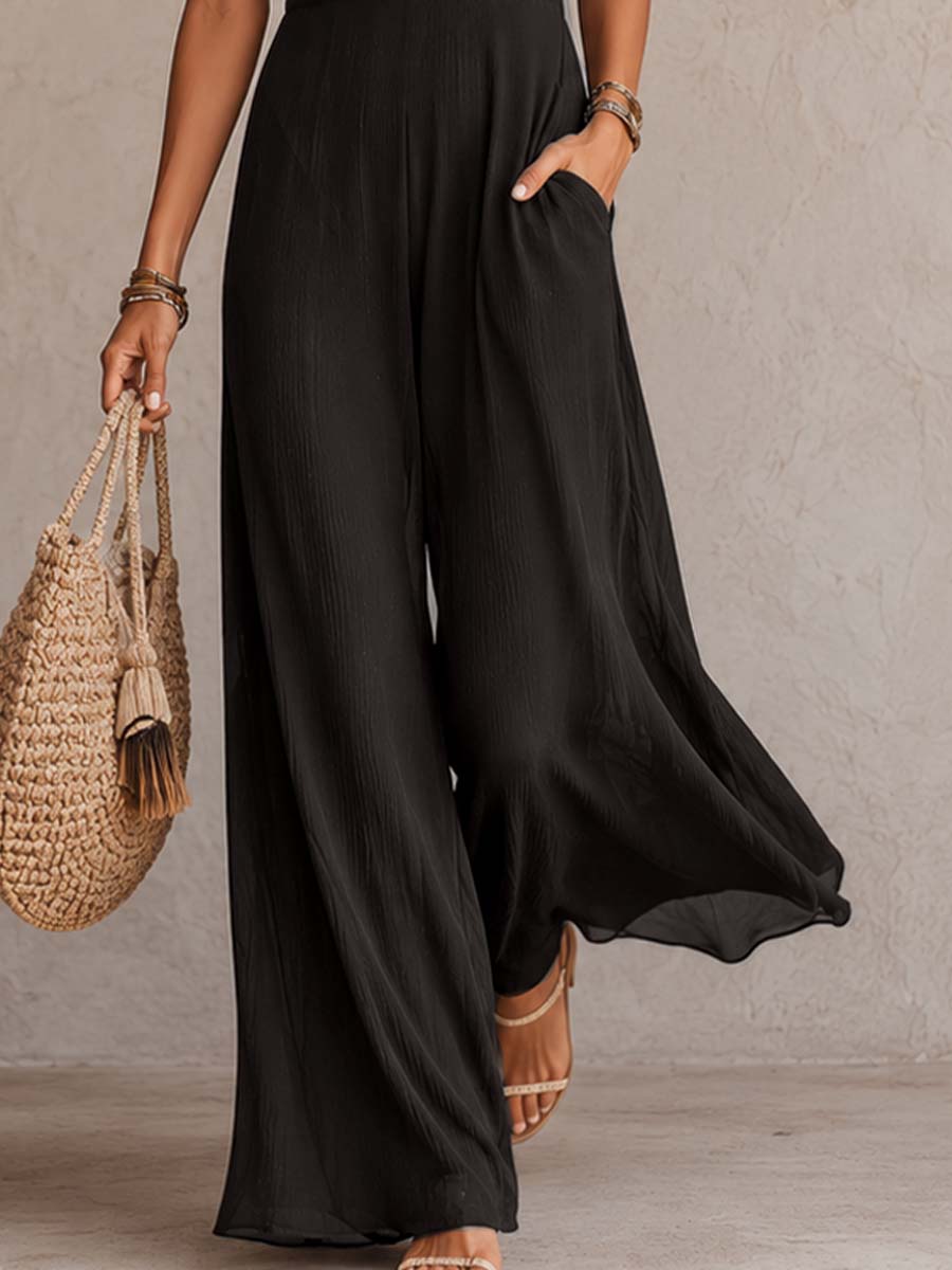 Retro Ruffled-Collar Chiffon Black Jumpsuit