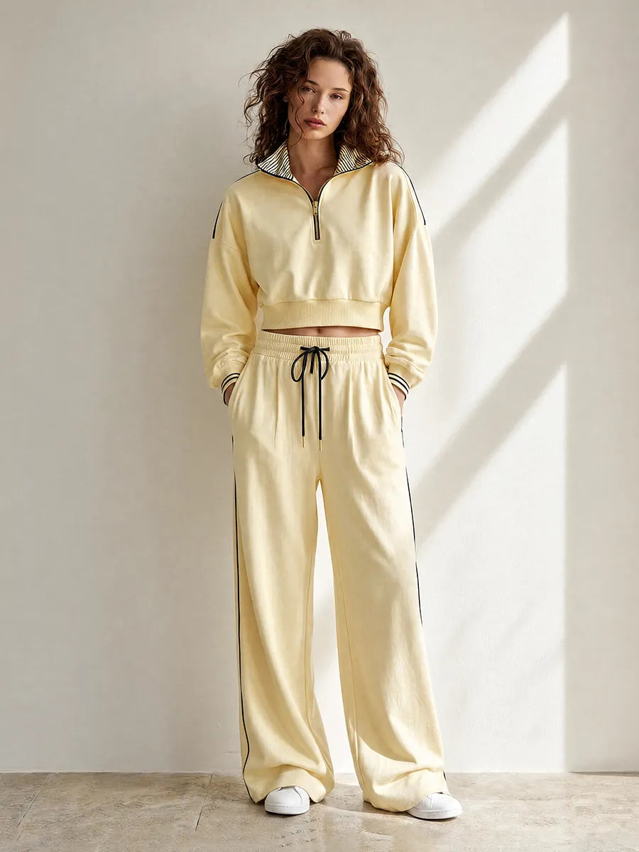 Women's Casual Sporty Light Yellow Half-Zip Collared Long-Sleeve Cropped Sweatshirt & Wide-Leg Trouser Set MDZ2127G6CMX