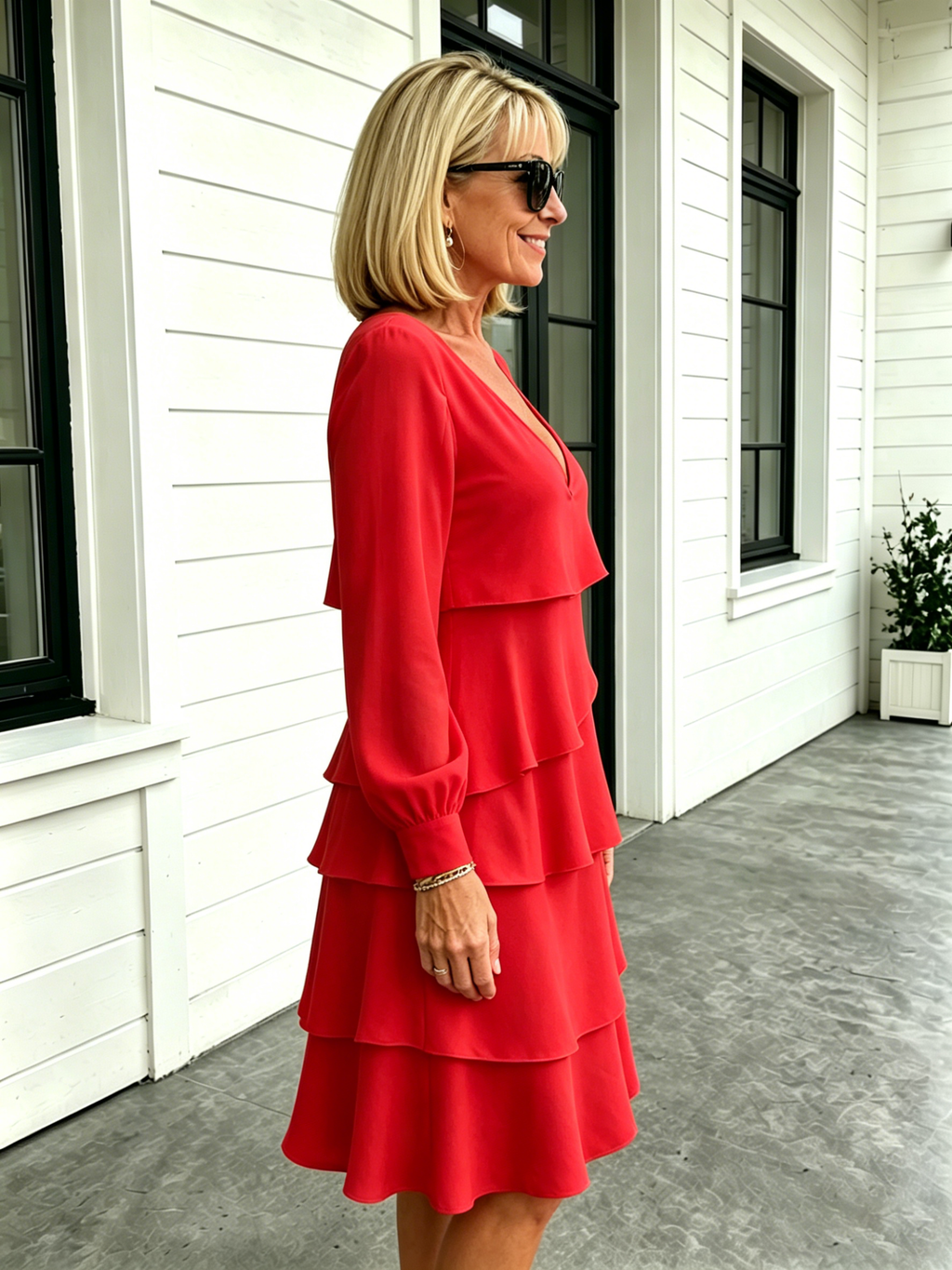Deep V-Neck Long-sleeved Fashion Cake Skirt Women's Temperament Loose and Thin Round Neck Dress Women