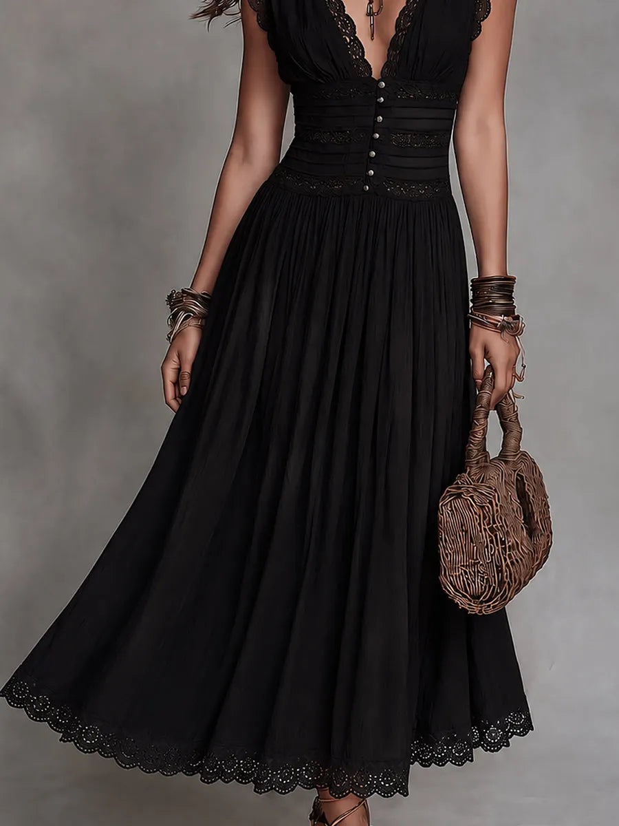 Retro Lace-Trimmed Button-Embellished Pleated Maxi Dress