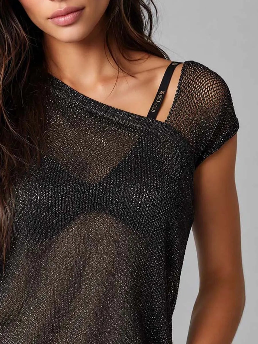 Black Sheer Sparkle Knit Asymmetrical Off-Shoulder Top
