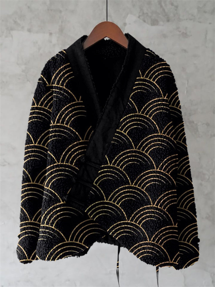 Japanese Style Black Gold Wave Pattern Comfortable Kimono