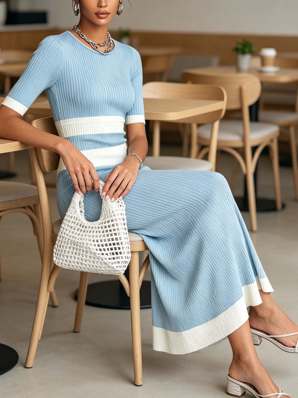 Light Blue Ribbed Knit Maxi Dress With White Color Block Detail