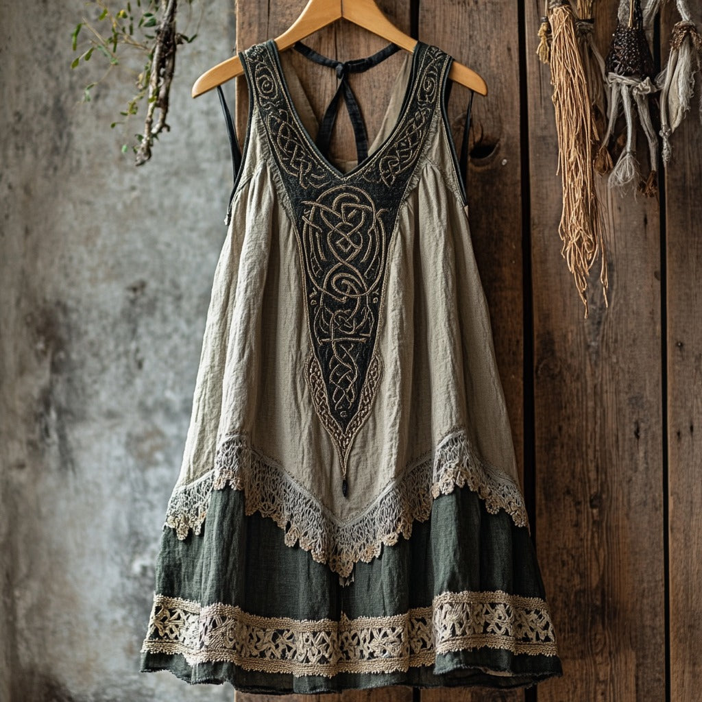 Tribal Celtic Embroidery Patchwork Lace Art Linen Tank Dress