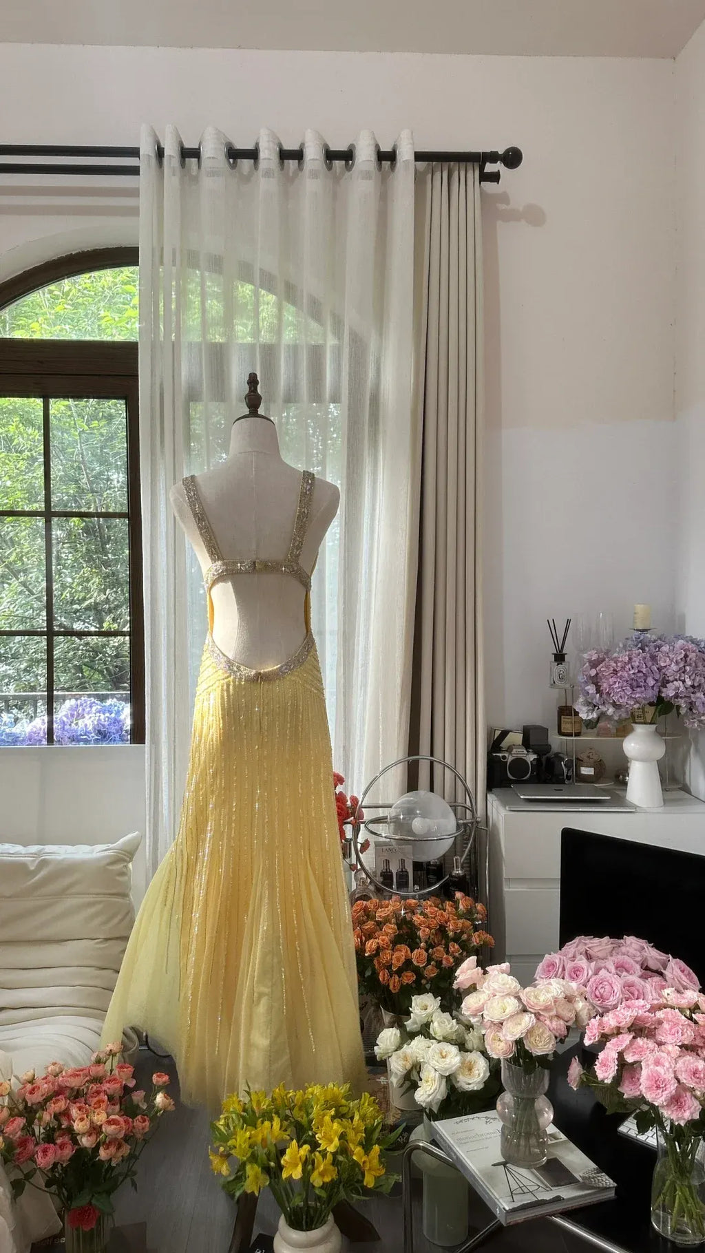 Lit Yellow Gorgeous Shiny Fashion Elegant Exquisite Beaded Long Tulle Backless Fairy Ball Gown Evening Dress Birthday/Wedding Guest/Holiday Party Dress Prom Dress Valentine's Day Date Dress 4034