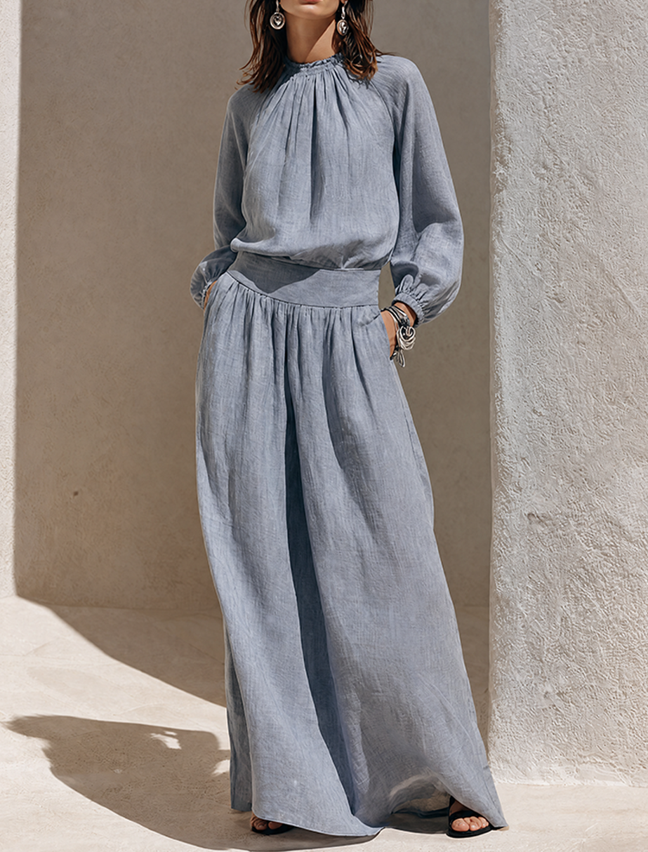 Women's Blue-Grey Solid Cotton-Linen Maxi Dress With Ruffled High Neck MDZ0858G7ZRK