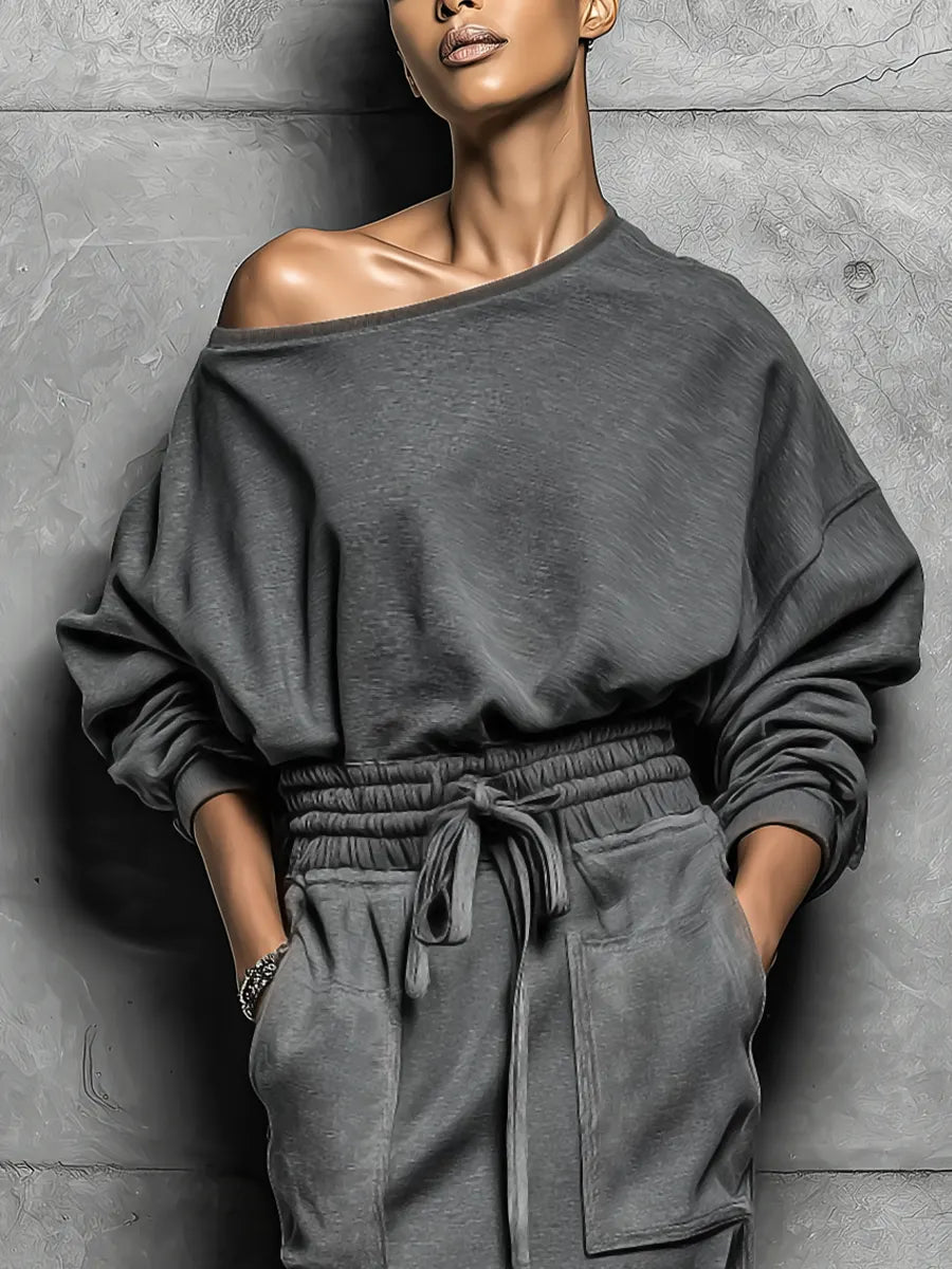 Women's Dark Grey Off-shoulder Sweatshirt-style Dress With A Drawstring Waist And Asymmetric Hem MDZ3039F2T