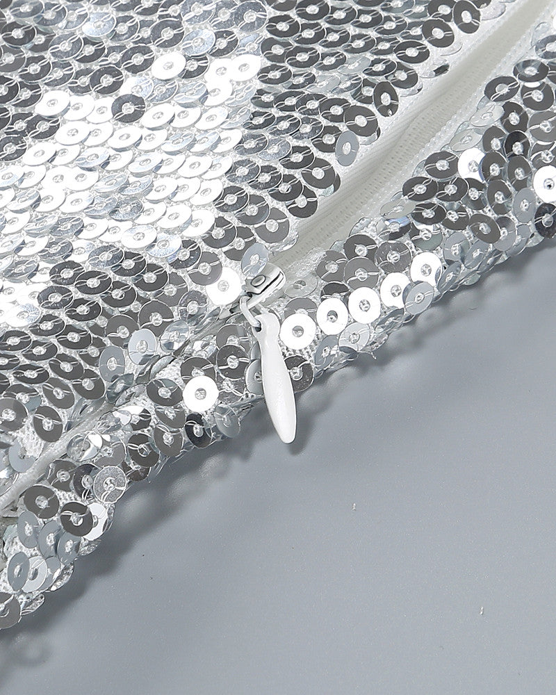 Halter Ruffle Detail Sequin Maxi Dress Silver