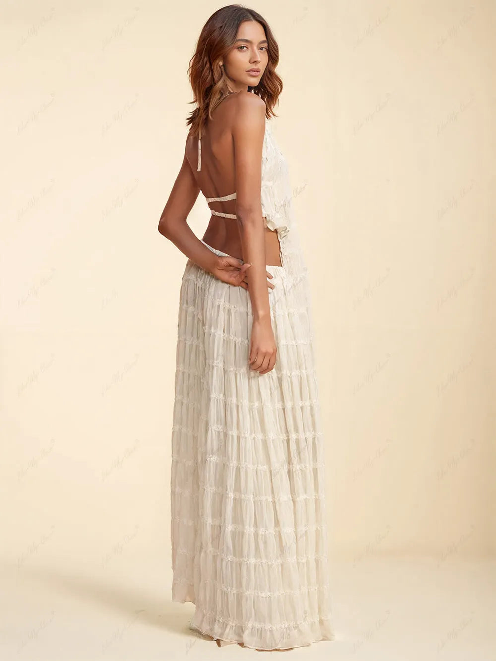 Charm Pleated Drawstring Waist Tiered Maxi Skirt