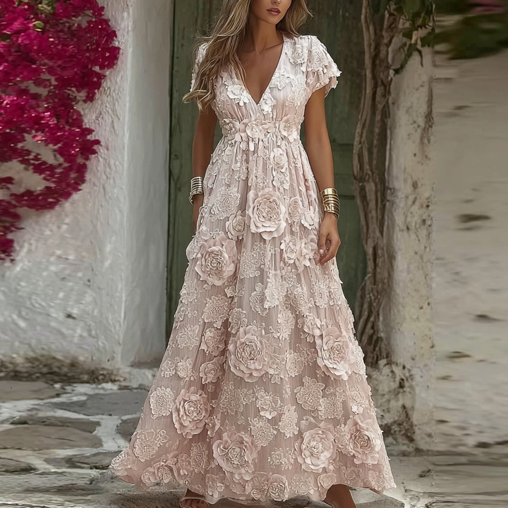 Retro Boho  Floral Lace Embroidered Cozy Linen Maxi Dress
