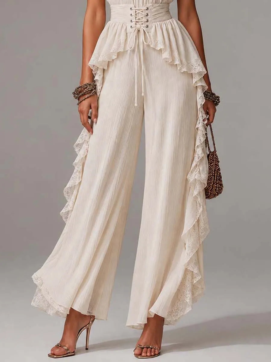 Cream Crinkled Chiffon Lace Ruffled Halter Wide-Leg Jumpsuit
