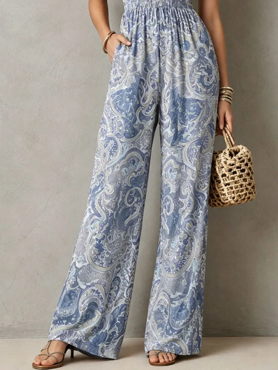Boho Dusty Blue Paisley Print Smocked Bodice Jumpsuit With Wide-Leg