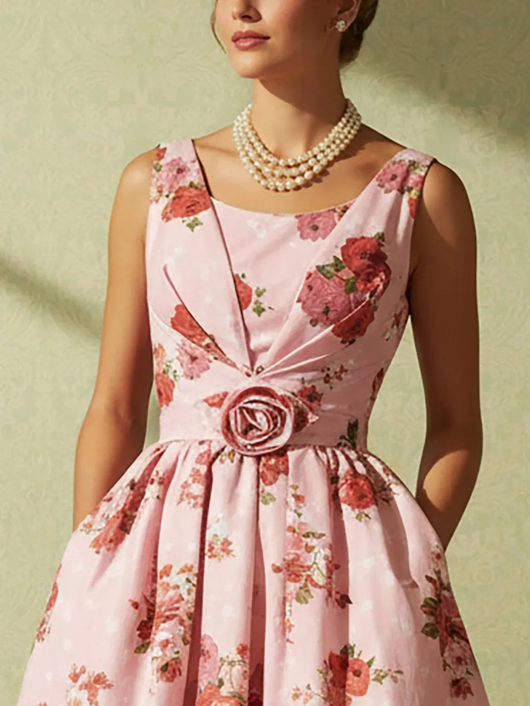 Midi Linen Dress, Sleeveless, Square Neck, Floral, 3D Floral, Vintage, Pink