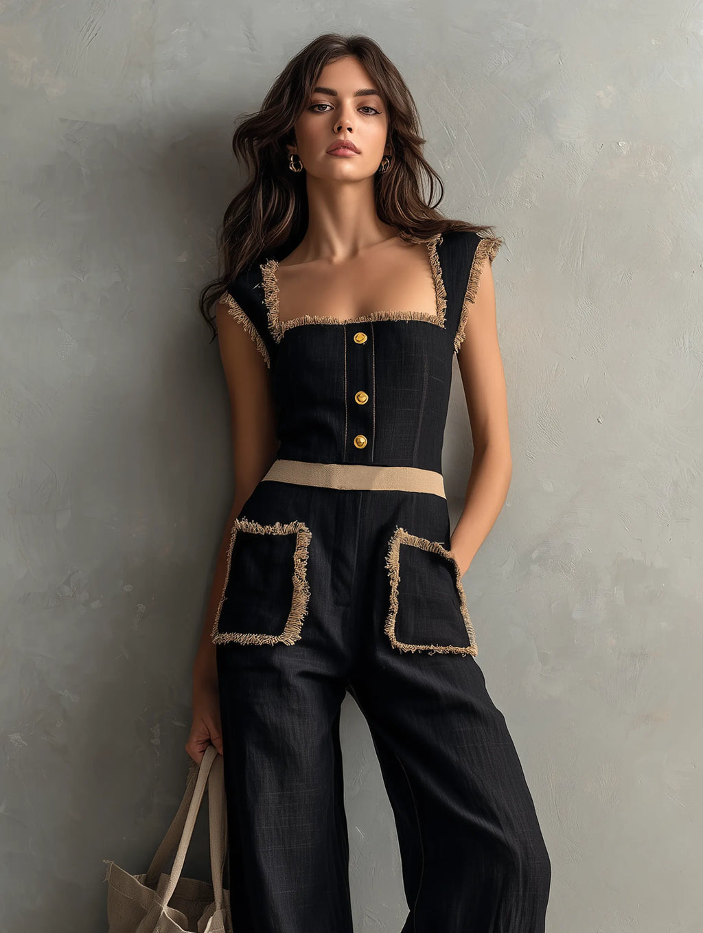 Women's Casual Black Cotton-Linen Sleeveless Jumpsuit With Wide Straps MDZ0676G8LXY