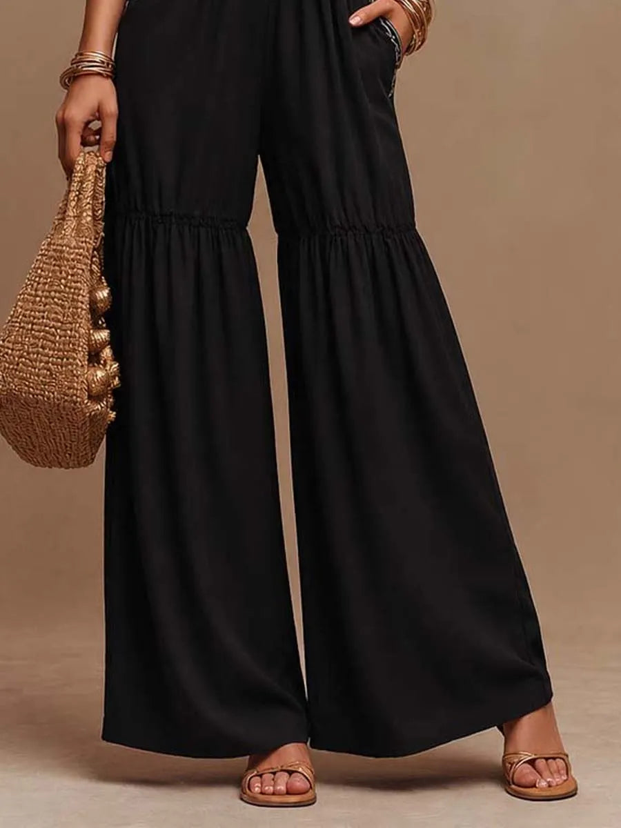 Black Cotton Halter Neck Contrast Embroidered Tiered Flared Jumpsuit
