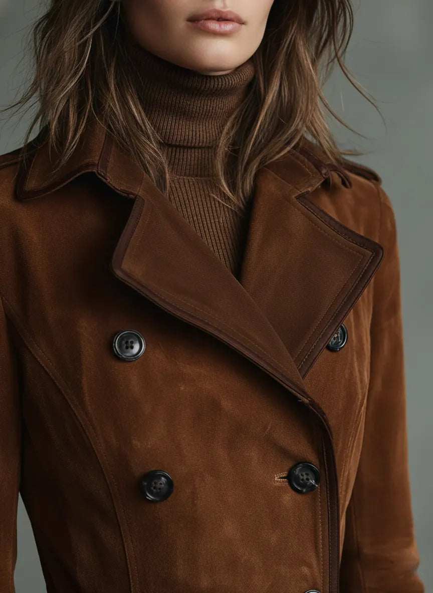 Women's Suede Trim Double-breasted Lapel Long Coat MDA2580H6Y