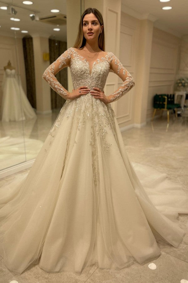 Daisda Elegant Long A-line Lace Appliques Wedding Dress With Sleeves