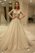 Daisda Elegant Long A-line Lace Appliques Wedding Dress With Sleeves