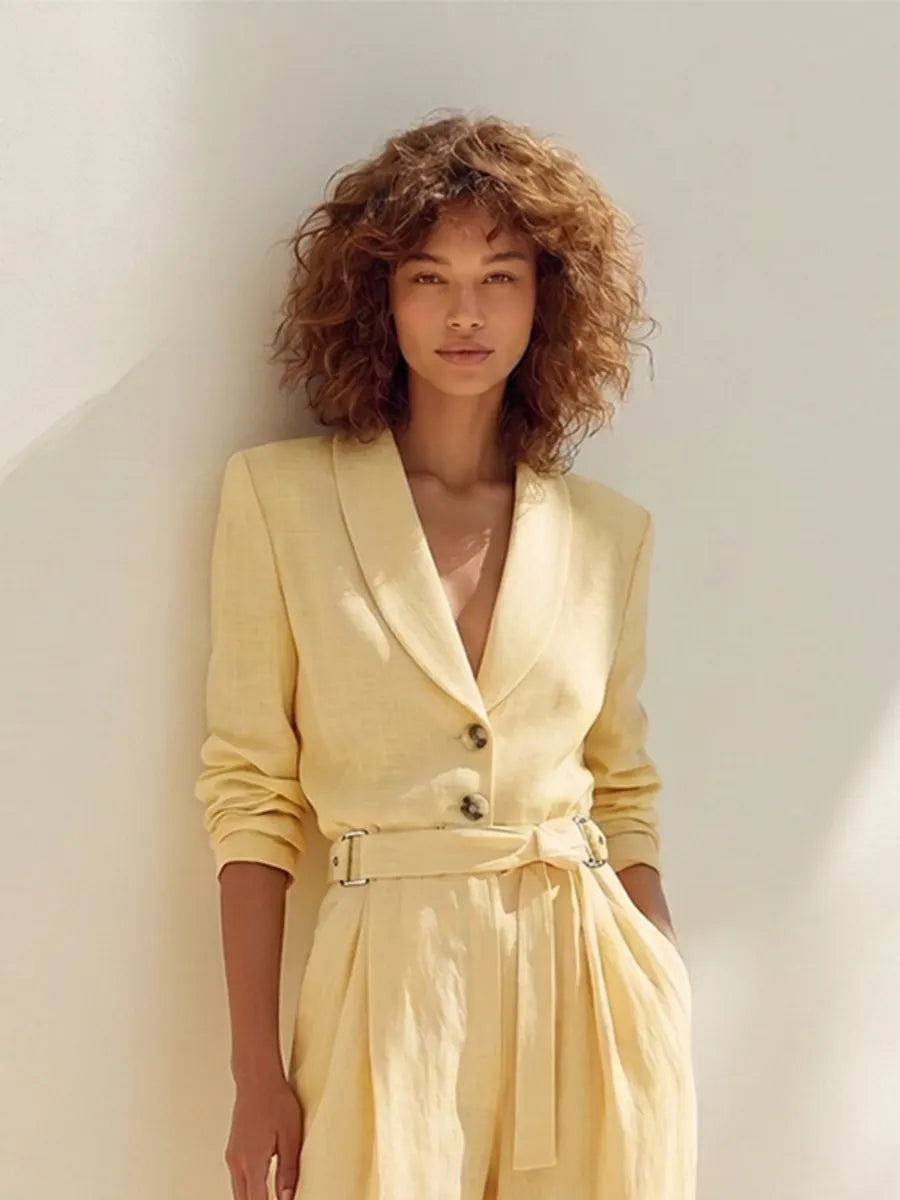 Women's Elegant Casual Light Yellow Linen Shawl-Collar Belted Blazer & Wide-Leg Trouser Set MDZ2011G8CMX