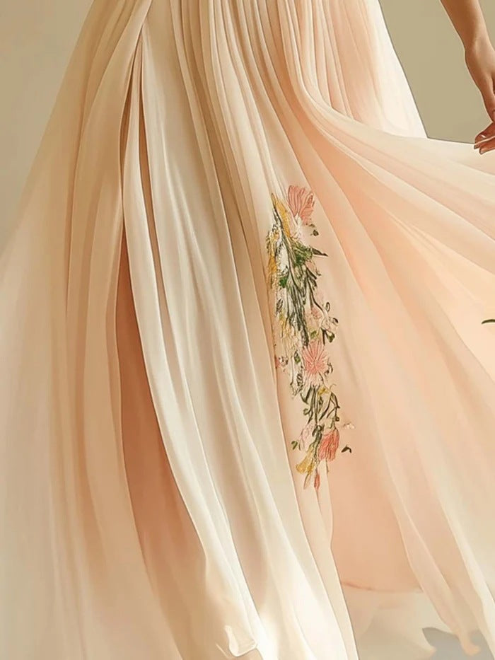 Women's Elegant Pleated Round-Neck Maxi Dress - Minimalist Tiered Ruffle Hem Flowy Sundress - Ethereal Loose Fit Party Dress