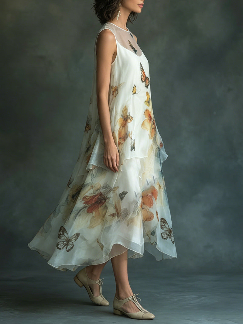 Organza Butterfly-Print Sleeveless Midi Dress