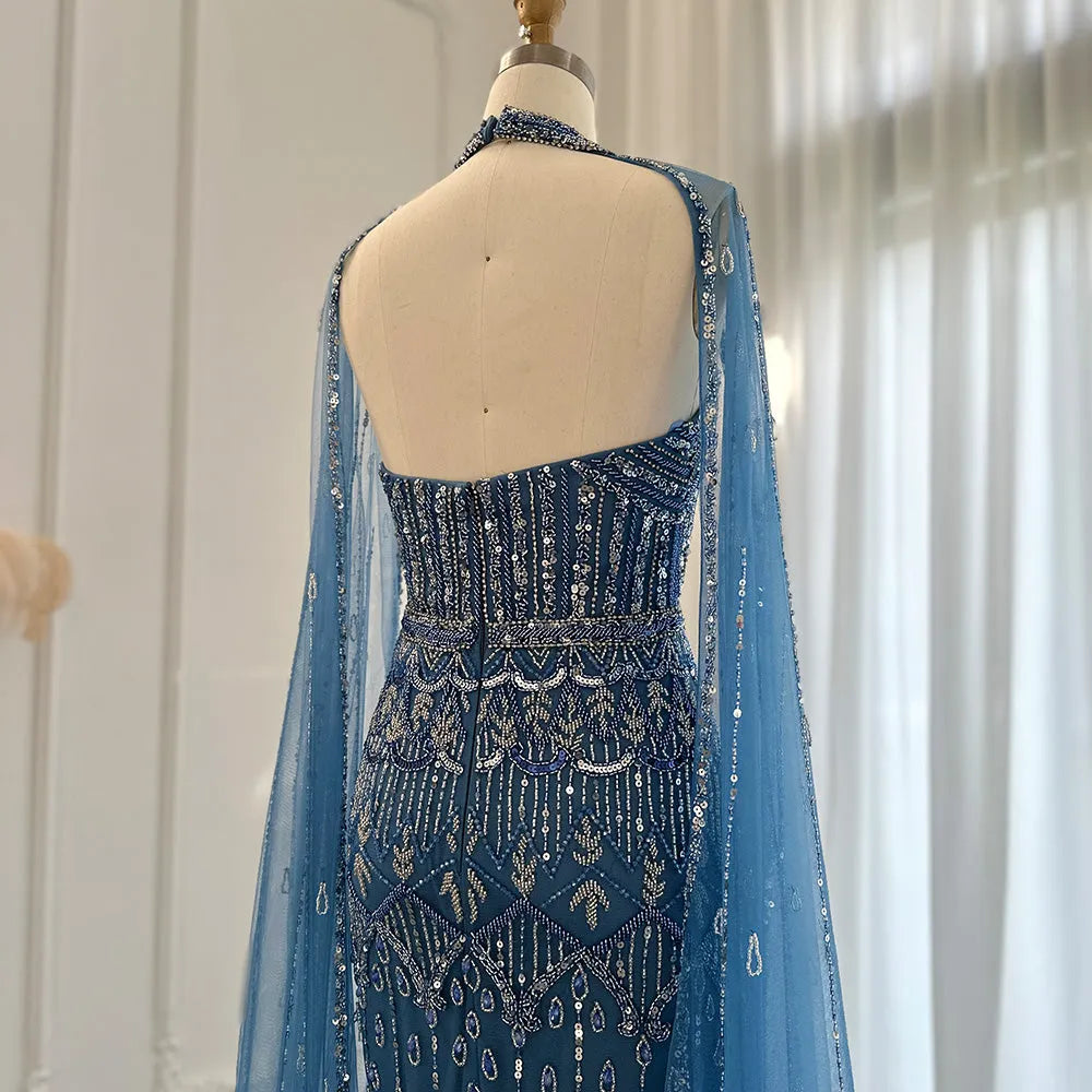 DreamyVow  Luxury Dubai Mermaid Pink Evening Dresses with Cape Sleeves 2023 Arabic Women Wedding Guest Formal Party Gowns 361