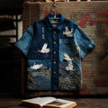 Japanese Style Crane With Landscape Patchwork Art Linen Short Sleeve Shirt