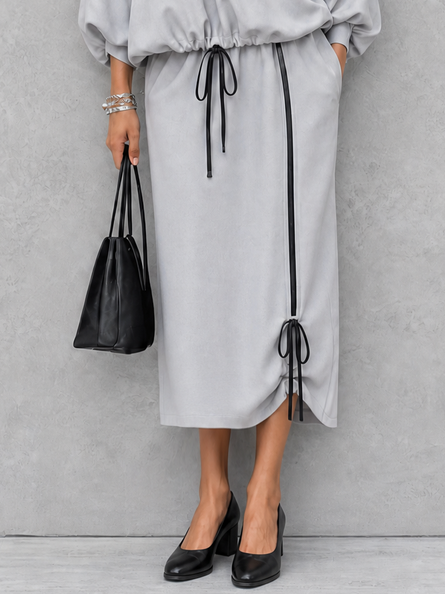 Women's Casual Commuter Light Gray Cotton Blend V-Neck Lantern Sleeve Top And Drawstring Midi Skirt Set MDZ1030G1GMJ