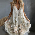 Women's Vintage Rose Art V-neck Tank Midi Dress